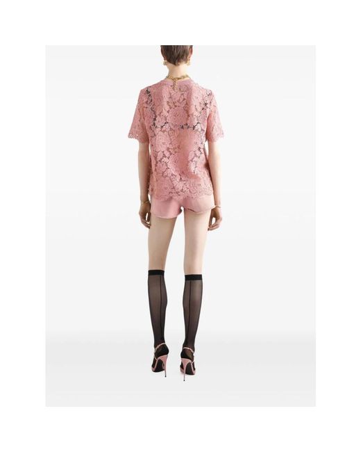 Dolce & Gabbana Overhemden ,Roze ,Katoen T-Shirt Van Cordonnetkant Met Korte Mouwen in het Pink