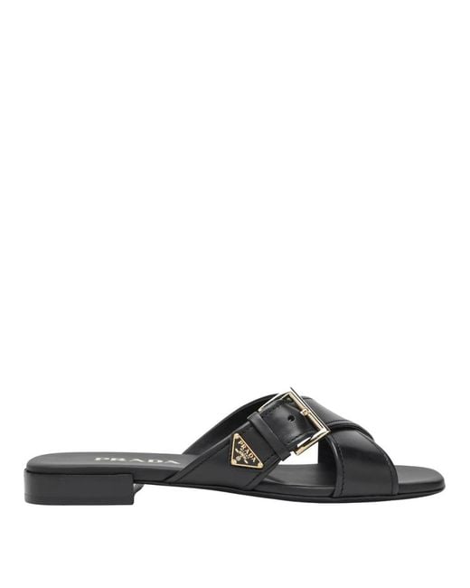 Prada Black Leather Slider Sandals With Buckle