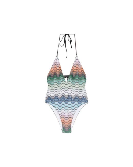 Missoni Blue Zigzag-Knit Halterneck Swimsuit