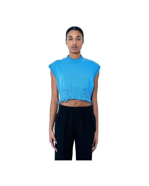 Marni Distressed Gebreid Vest Met Logo Borduursel in het Blue
