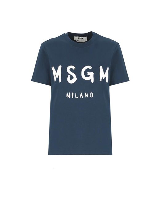 T-shirt in cotone blu con logo di MSGM in Blue