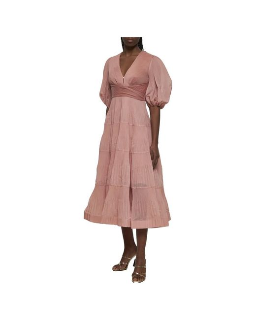 ワンピース Zimmermann Pink Silk Linen Midi Dress NEW Zimmermann Matchmaker Pink Floral Silk Linen Tie Midi