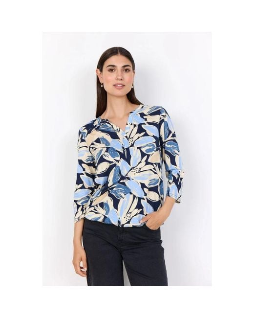 Soya Concept Abstracte Bloemenprint V-Hals Shirt in het Blue