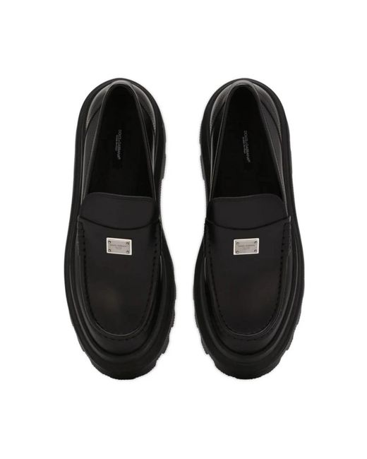 Dolce & Gabbana Black Logo-plaque Leather Loafers for men