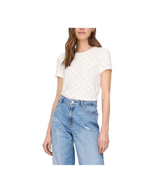Jacqueline De Yong Blue Weiße eyelet-detail t-shirt