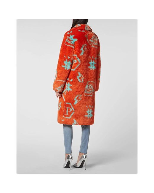 Philipp Plein Jassen ,Oranje ,Polyester Eco Fur Long Coat Monogram in het Red