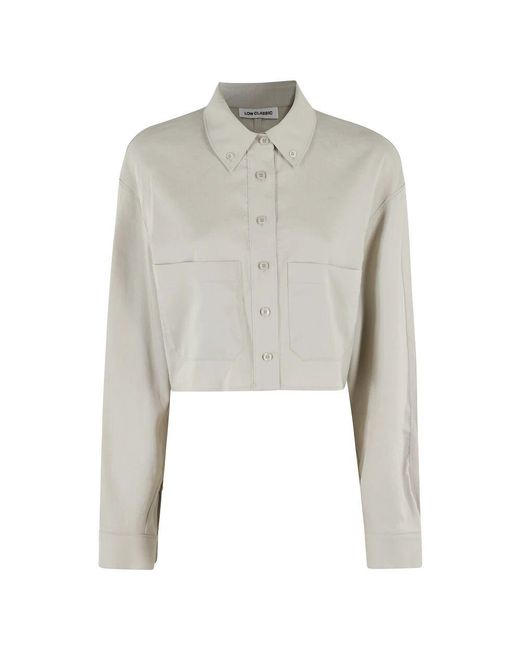 Low Classic Gray Leinen Taschen Crop Hemd