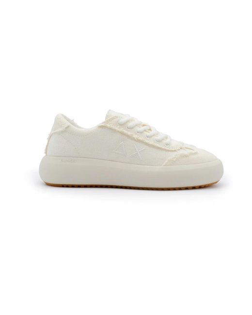 Sun 68 White Weiße Stoff-Sneaker Fransendetail Mit Logo