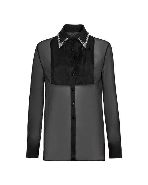 Philipp Plein Overhemden ,Zwart ,Organza Organza Regular Collar Strass Shirt in het Black