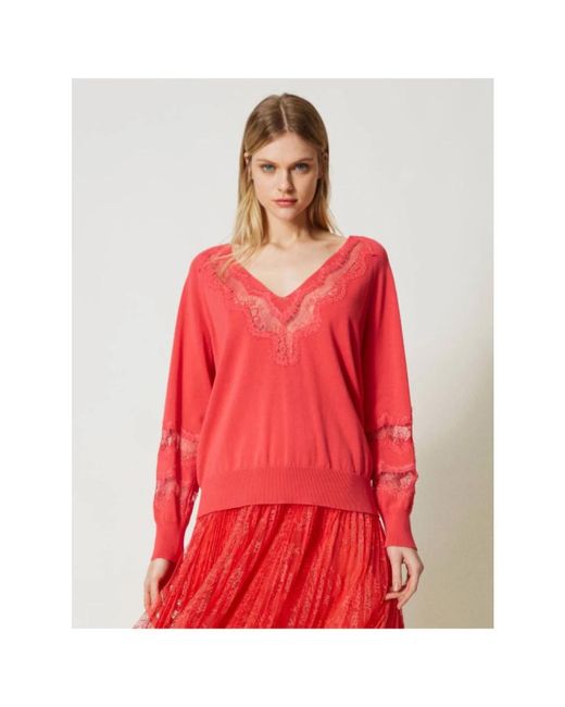 Twinset Red Maxi v-ausschnitt spitzenpullover