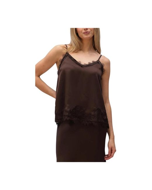 Object Tops ,Bruin ,Polyester Objnaline Reg Slip Lace Top in het Brown