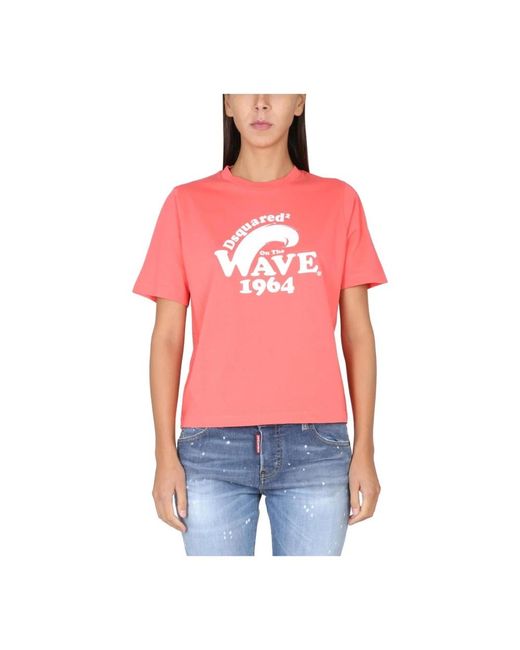 DSquared² Tops ,Roze ,Katoen Graphic Printed Crewneck T-Shirt in het Red