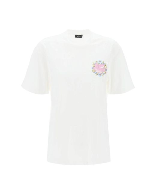 T-shirt con ricamo pegaso floreale di Etro in White