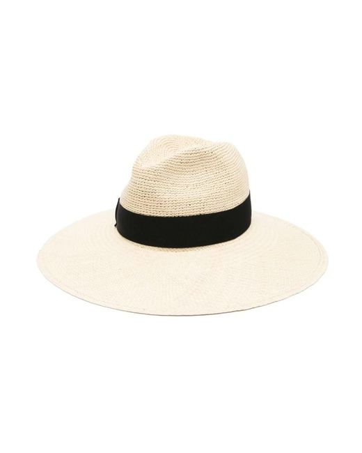 Sombrero de paja negro con ribete de ganchillo y ala ancha Borsalino de color Natural
