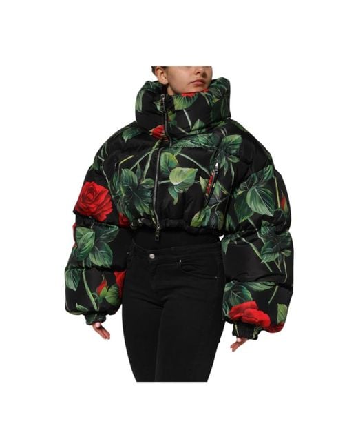 Dolce & Gabbana Green Blumige Steppjacke Mit Durchgehendem Reißverschluss
