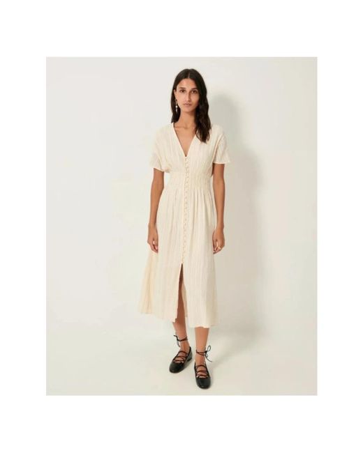 Sessun Kleedjes ,Katoen Midi Jurk Met Knoopsluiting En Smocked Taille in het Natural
