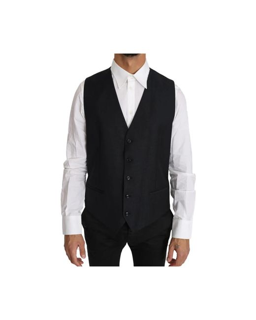 Dolce & Gabbana Black Wool Silk Waistcoat Vest for men
