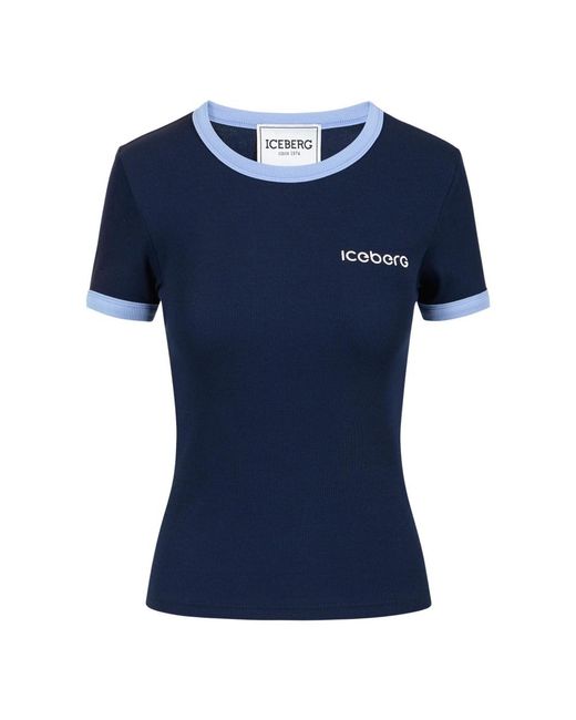 Iceberg Tops ,Blauw ,Blauw Geribbelde Jersey Slim Fit T-Shirt Met Print in het Blue