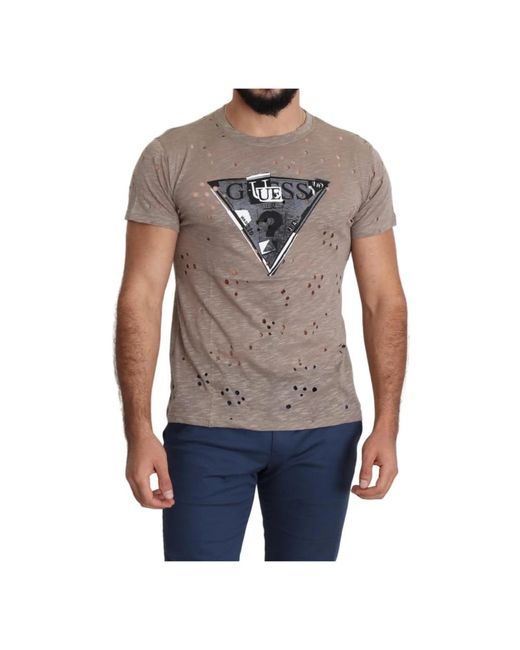 T-shirt marrone con logo e perforazioni casual di Guess in Gray da Uomo