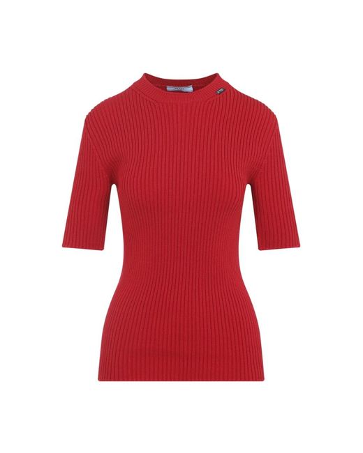 Prada Triangle Logo Ribbed Knit Top in het Red
