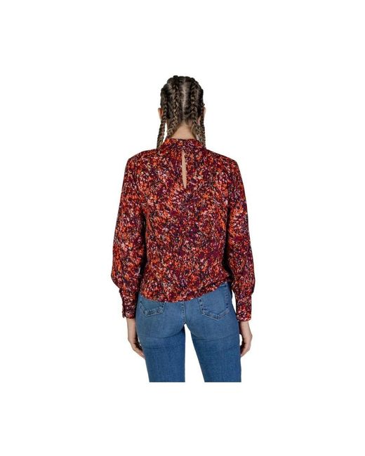 Jacqueline De Yong Red Orange abstraktes print bluse schlüsselloch hals
