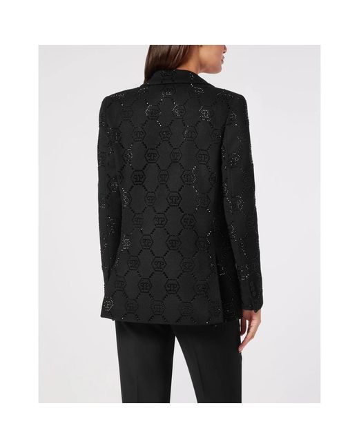Philipp Plein Jassen ,Zwart ,Wol Wool Boxy Blazer Strass Monogram in het Black