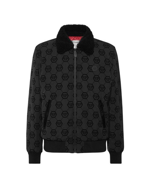 Philipp Plein Jassen ,Zwart ,Wol Wool Aviator Bomber Met Shearling Kraag Monogram in het Black voor heren
