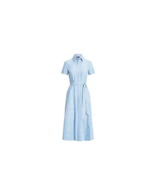 Polo Ralph Lauren Blue Gestreiftes Hemdblusenkleid Mit Gürtel