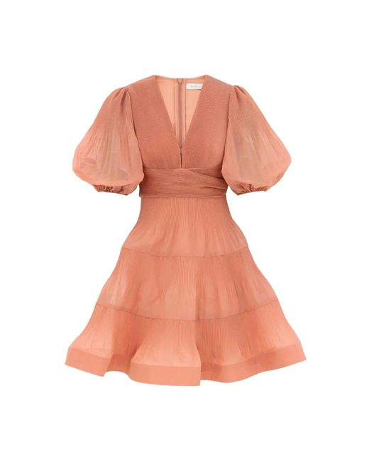 Zimmermann Pink Gefaltete Minikleid Pfirsich Tiefer V-Ausschnitt