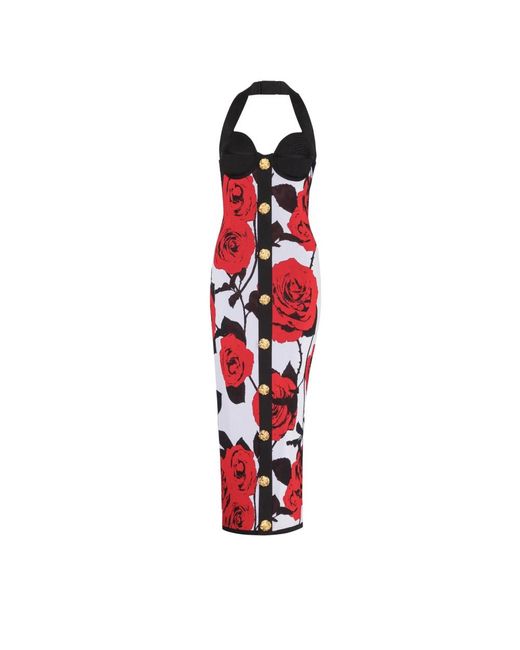 Vestido de cuello halter en jacquard de rosas rojas Balmain de color Red