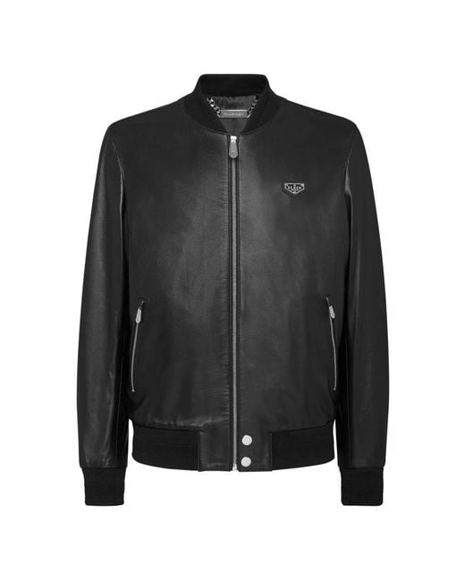 Philipp Plein Jassen ,Zwart ,Leer Leather Bomber Ls in het Black voor heren
