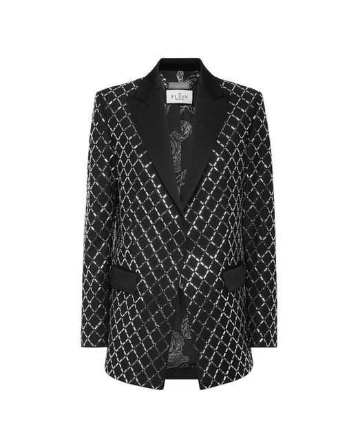 Philipp Plein Jassen ,Zwart ,Wol Wool And Satin Boyfriend Fit Blazer Crystal Rhombus in het Black