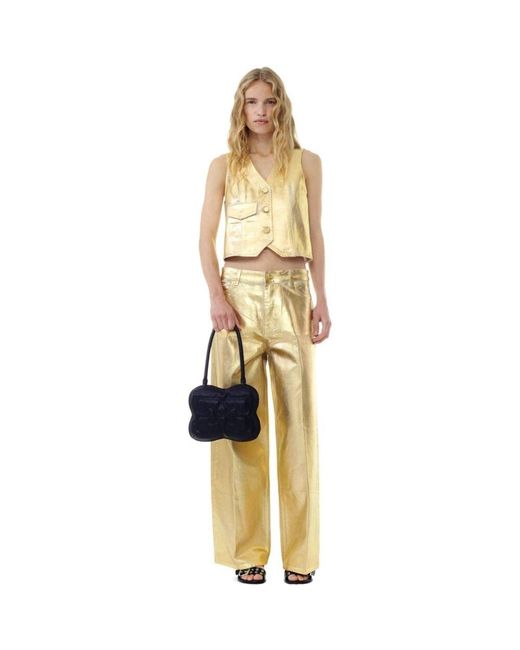 Ganni Green Goldene Denimweste Mit Laminiertem Effekt