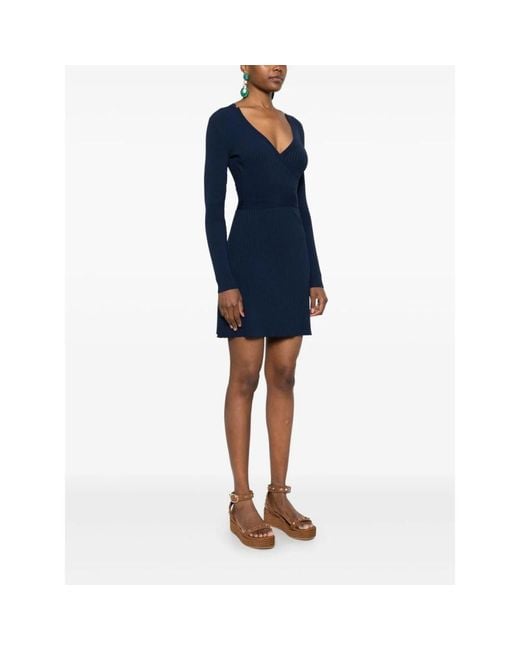 Elisabetta Franchi Blue Blaues geripptes v-ausschnitt minikleid