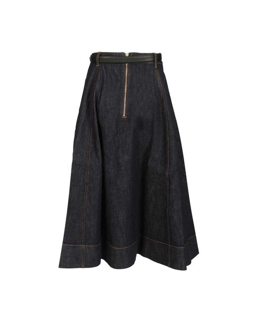Self-Portrait Flared Denim Midi Rok in het Black