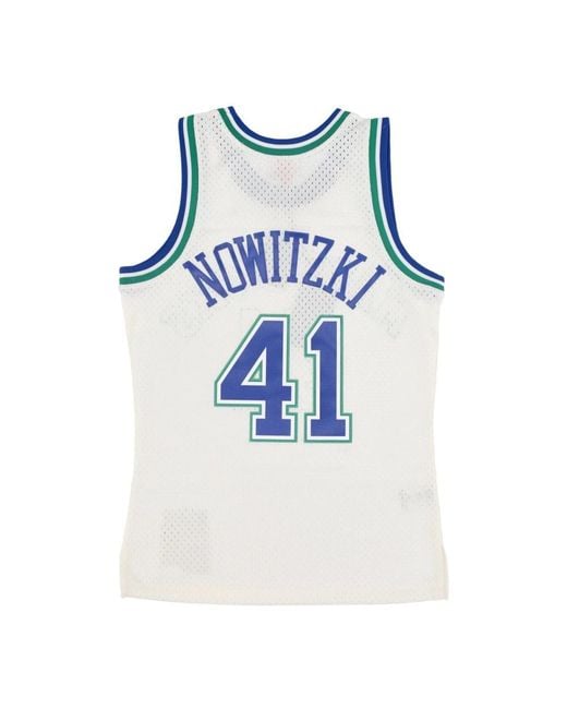 Mitchell & Ness Fitness ,Wit ,Polyester Basketbal Tanktop Dirk Nowitzki 1998 in het Blue voor heren