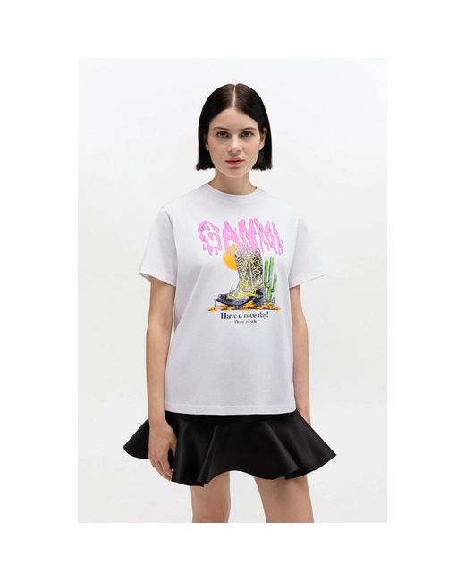 Ganni White Cowboy Boots Organic Cotton T-Shirt