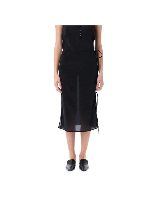 Low Classic Black Schwarzer Halbtransparenter Midi-Rock Mit Seitlicher Bindung