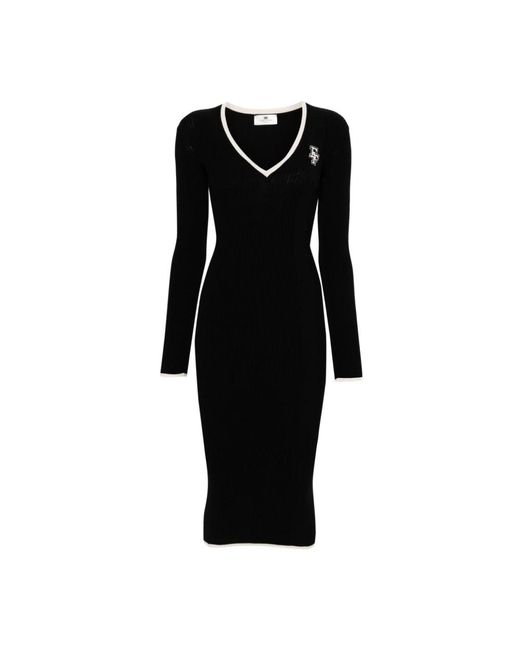 Elisabetta Franchi Black Geripptes v-ausschnitt midi-kleid schwarz weiß