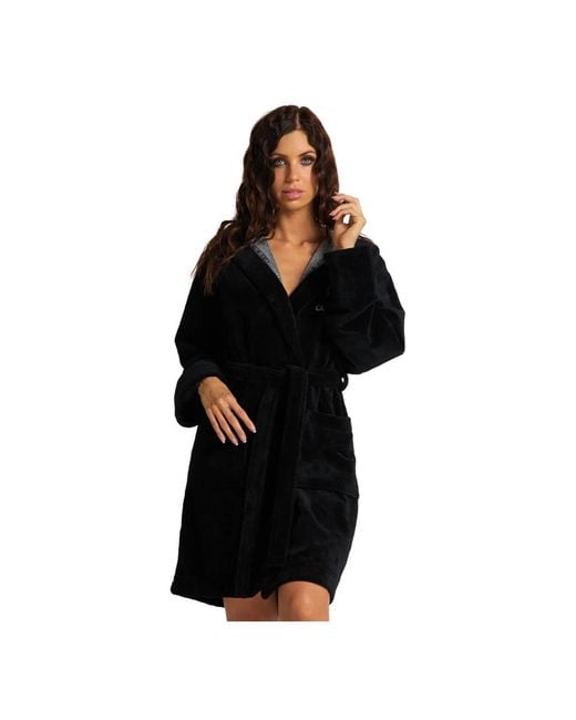 carlo colucci Black Hooded Velour Terry Bathrobe