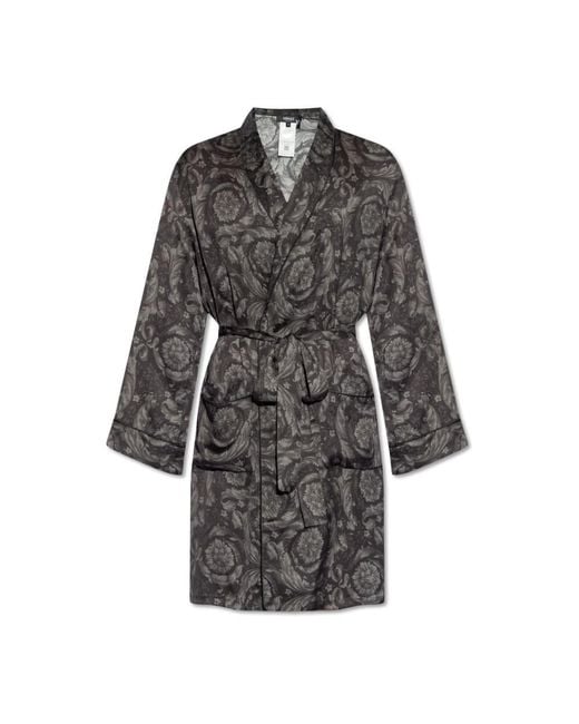 Versace Black Barocco-Printed Long-Sleeved Belted Robe for men