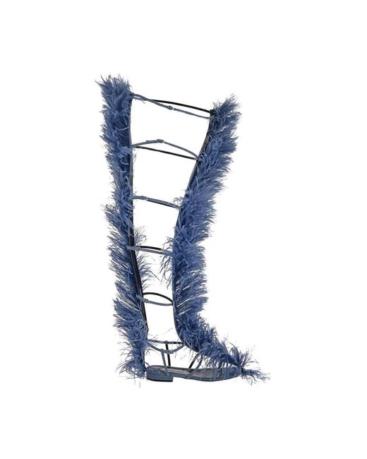 Sandalias planas de algodón azul con plumas Sergio Rossi de color Blue