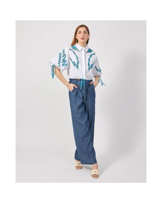Silvian Heach Blue Weiße cropped bluse mit fransendetails