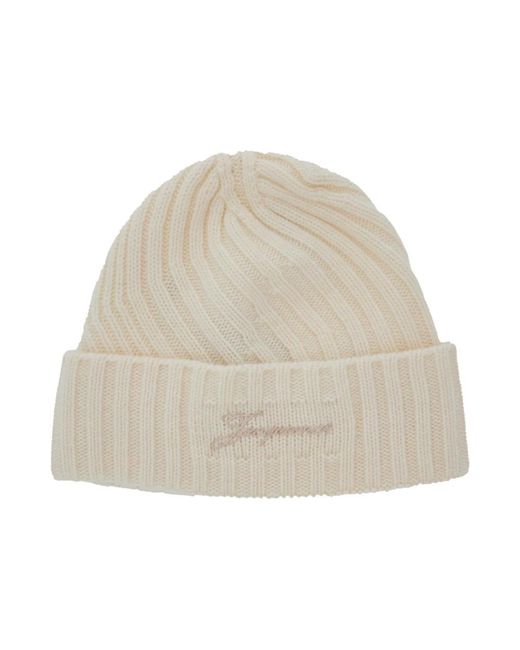 Jacquemus Accessoires ,Wit ,Wol Witte Beanie Met Logo Tekst in het Natural voor heren
