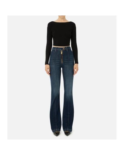 Elisabetta Franchi Black Schwarzer Gerippter Pullover Mit U-Boot-Ausschnitt