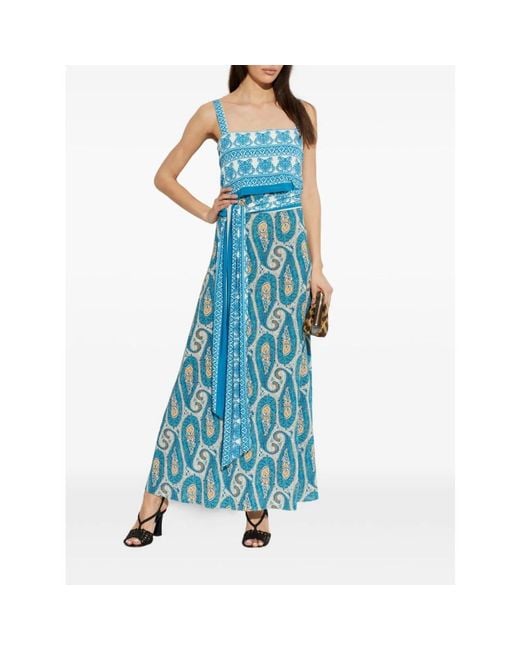 Etro Blue Long And Viscose Blend Dress With All-Over Paisley Pattern And Belt