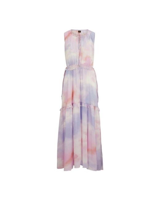 Boss Purple Sleeveless Regular-Fit Printed Dress With Frill Trims