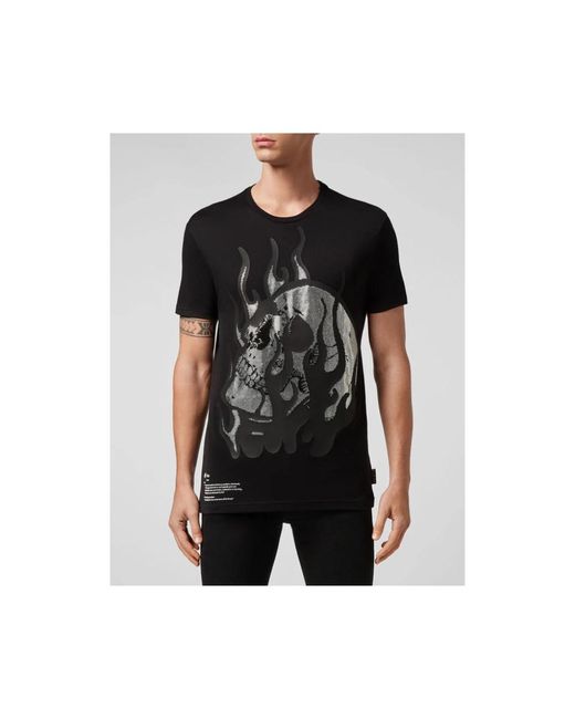 Philipp Plein Es T-Shirt mit brennendem Schädel und Strassverzierung in Black für Herren