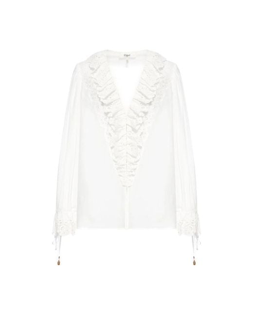 Chloé White Weiße Rüschenbluse Mit V-Ausschnitt