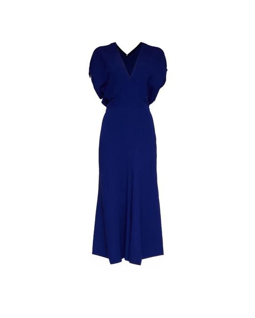 Victoria Beckham Blue Asymmetric Hem V-Neck Midi Dress